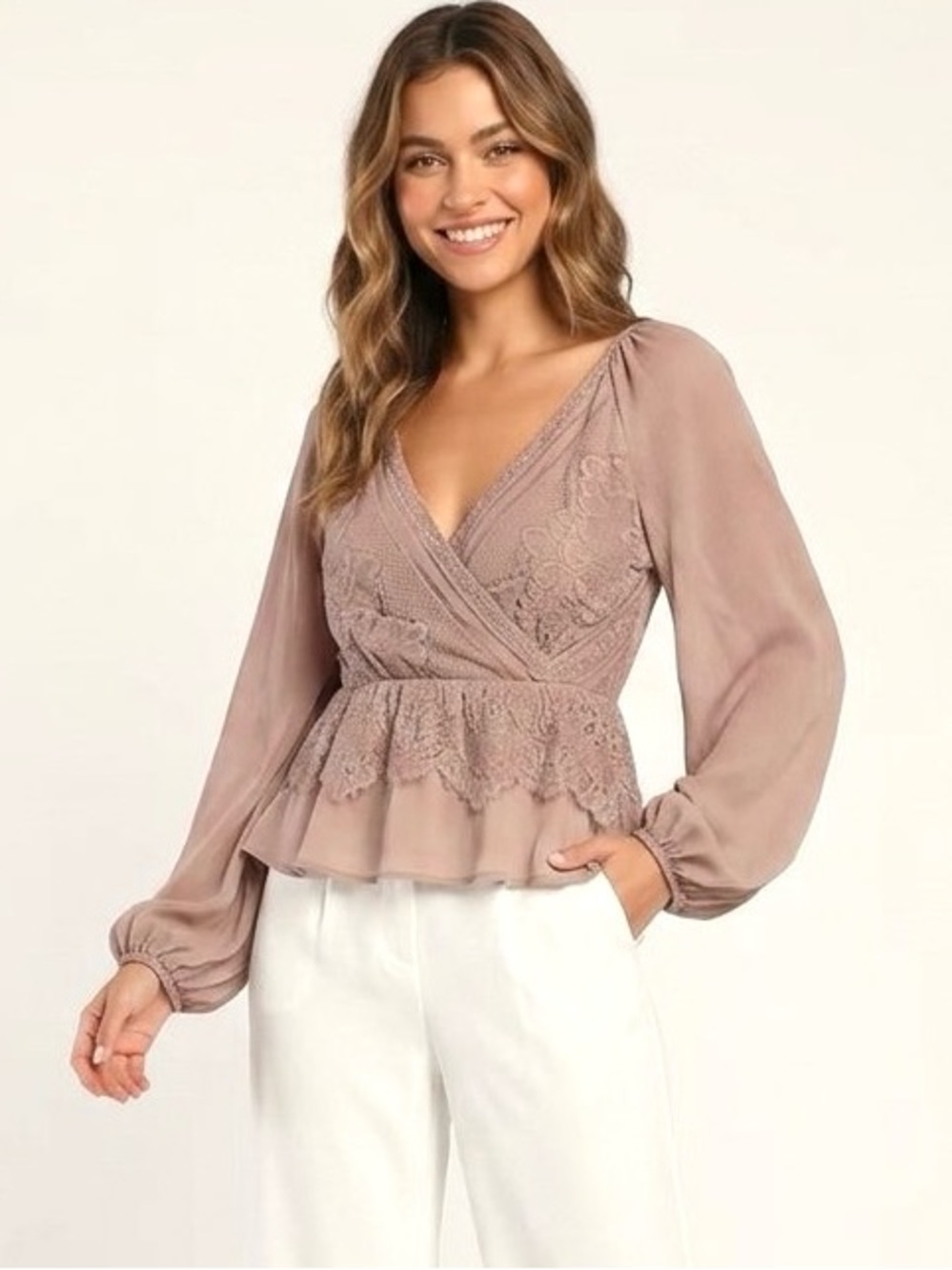 Lulus Loving Arms Lace Long Sleeve Peplum Blouse Top, Light Brown Taupe, Size S